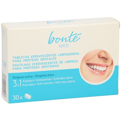 Tabletas efervescentes limpiadoras para prótesis dentales 3 en 1 Bonté Med de Dia caja 30 unidades-0