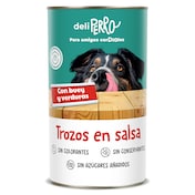 Alimento para perros trozos en salsa con buey y verduras Deliperro de Dia lata 1.25 Kg