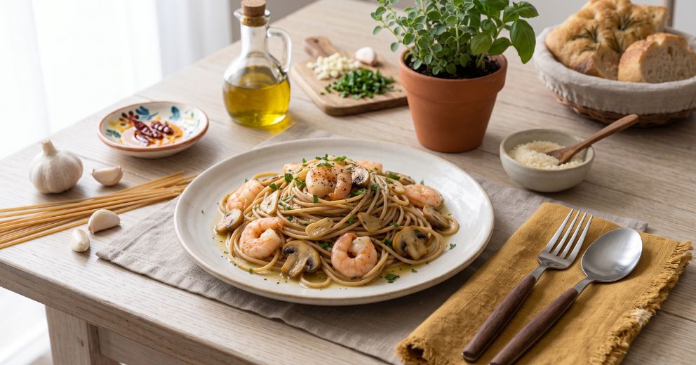 receta espaguetis integrales con gambas al ajillo suave, champiñones salteados y perejil fresco