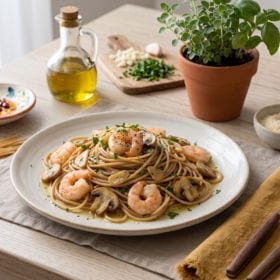 receta espaguetis integrales con gambas al ajillo suave, champiñones salteados y perejil fresco