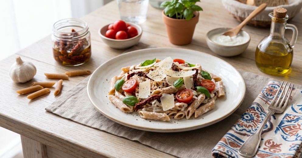 receta plumas integrales mediterráneas con yogur griego, albahaca y tomate seco