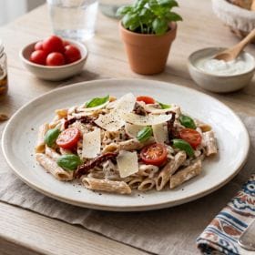 receta plumas integrales mediterráneas con yogur griego, albahaca y tomate seco