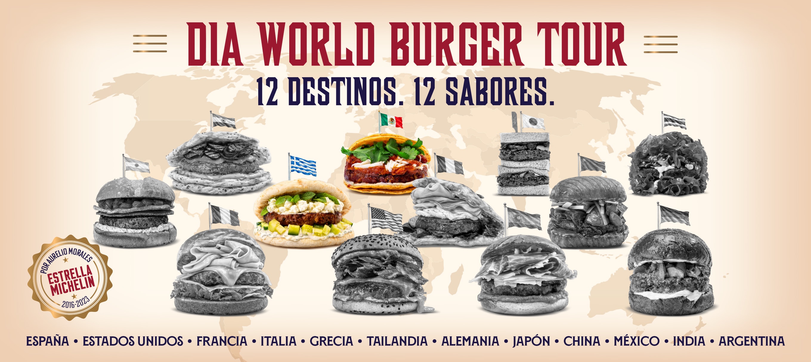 Selección de hamburguesas gourmet de supermercados Dia.12 hamburguesas para darte un capricho. Este mes, prueba nuestra burger Grecia y nuestra burger Mexico. Selección de hamburguesas gourmet de supermercados Dia.12 hamburguesas para darte un capricho. Este mes, prueba nuestra burger Grecia y nuestra burger Mexico.