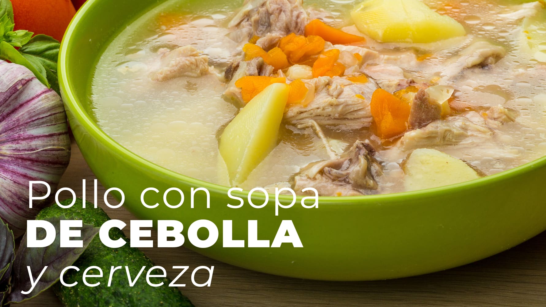 Pollo con sopa de cebolla y cerveza