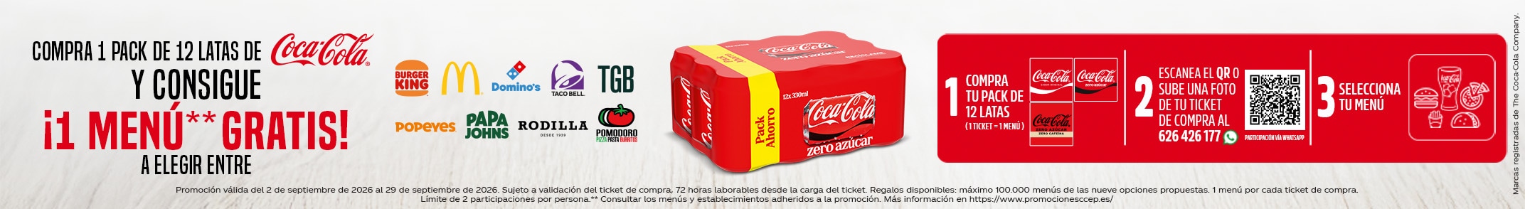 Compra 1 pack de 12 latas de Coca Cola y consigue 1 menú gratis