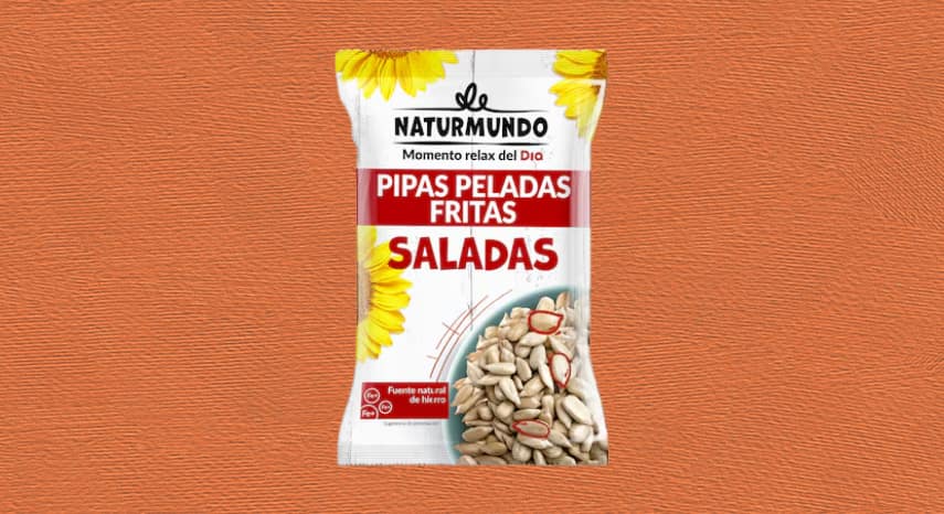 Paquete de Pipas de Girasol Peladas, Tostadas y Saladas Naturmundo de Dia. Snack crujiente rico en vitamina E, magnesio y grasas saludables, ideal para picar entre horas o añadir a recetas