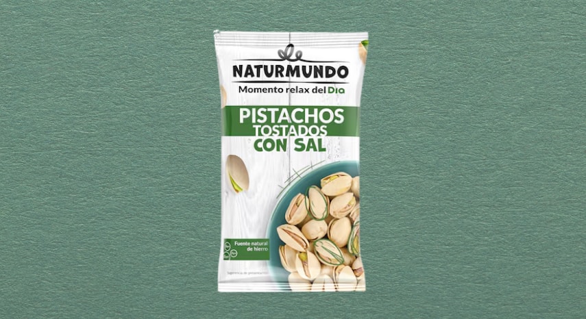 Paquete de Pistachos Tostados con Sal Naturmundo de Dia. Snack crujiente de alta calidad, rico en fibra, potasio y grasas cardiosaludables, ideal como aperitivo saciante para el día a día