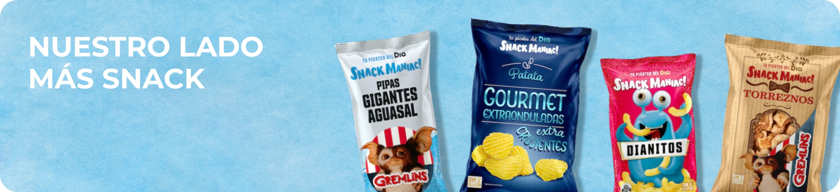 Banner de Snack Maniac de Dia con galletas saladas, patatas fritas gourmet, y cóctel de aperitivos sobre un mantel de picnic.