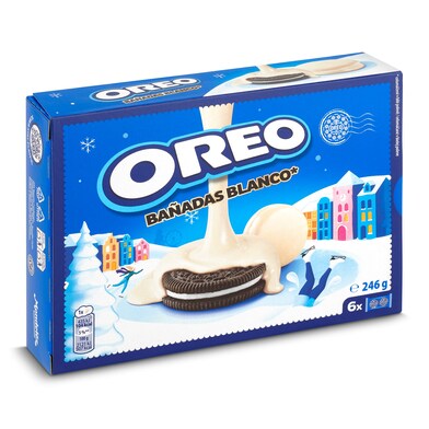 Galletas de cacao rellenas de crema bañadas con chocolate blanco Oreo caja 246 g-0