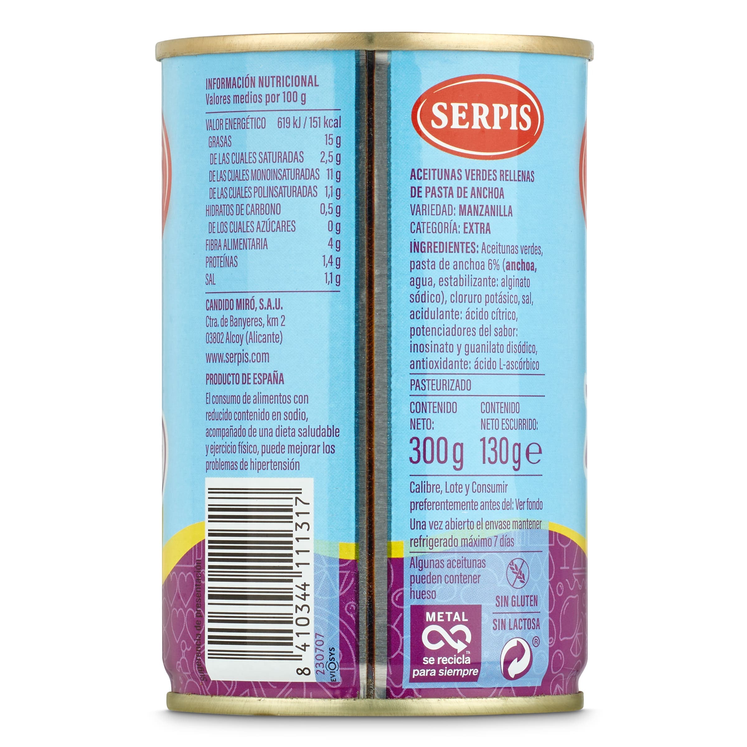 Aceitunas rellenas de anchoa bajo en sal Serpis 130 g