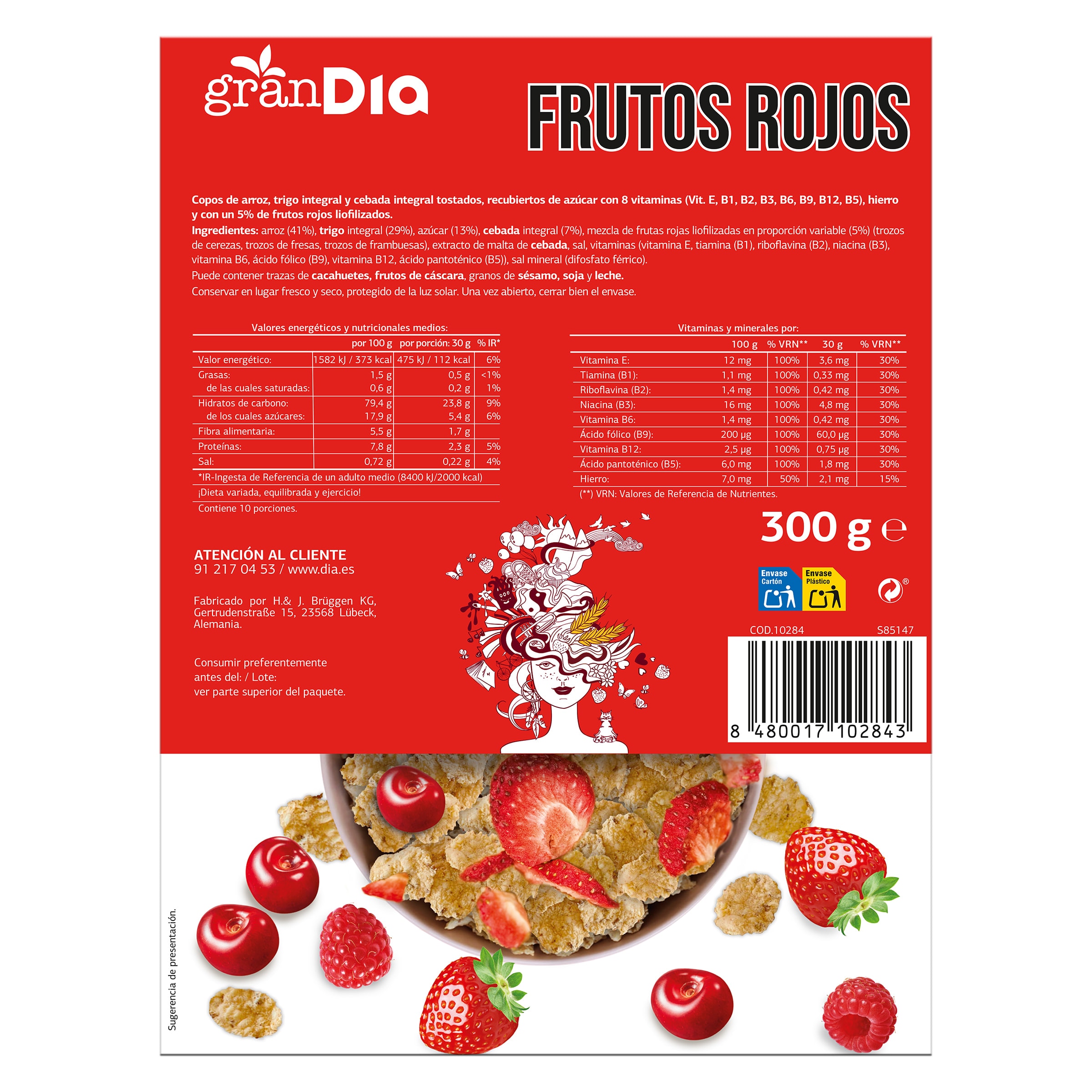 Cereales copos de arroz y trigo integral con frutos rojos Gran Dia 300 g