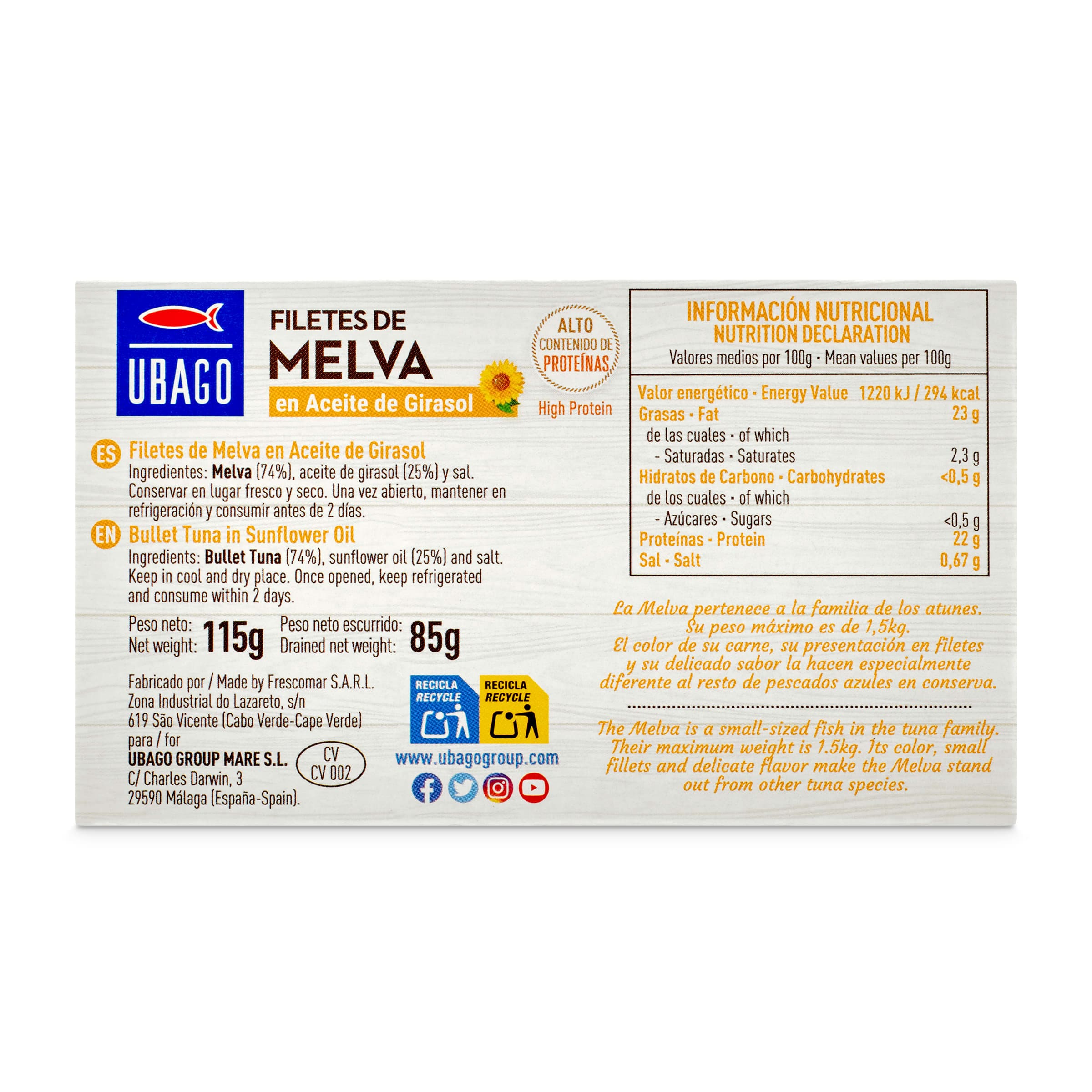 Melva en aceite de girasol Ubago 85 g