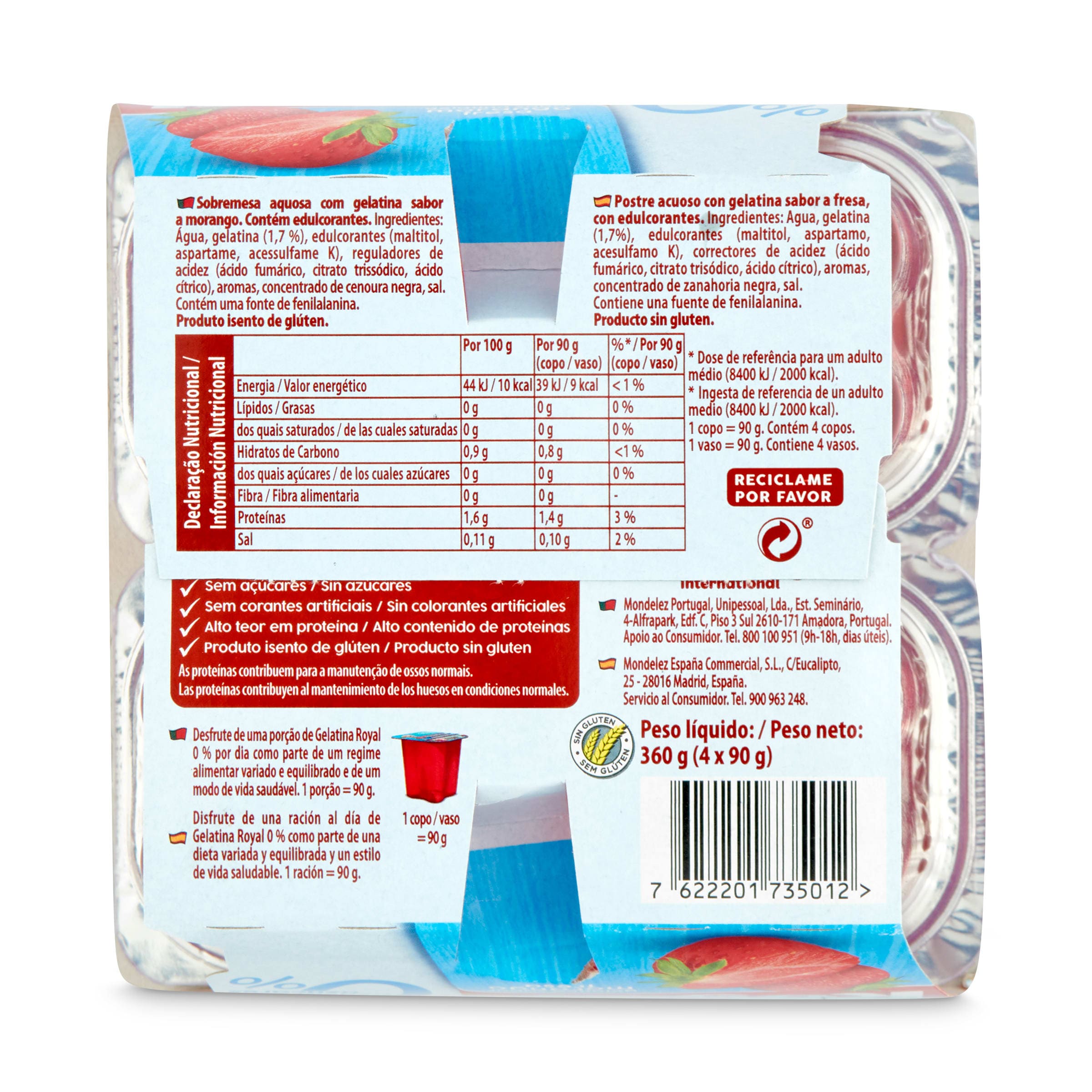 Gelatina sabor fresa sin azúcar Royal 4 x 90 g