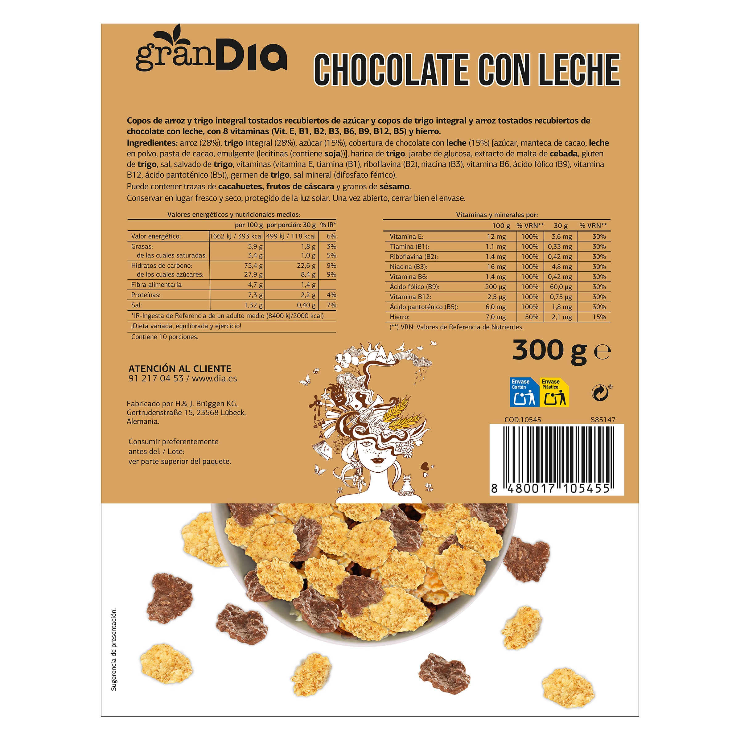 Cereales copos de arroz y trigo integral con chocolate Gran Dia 300 g