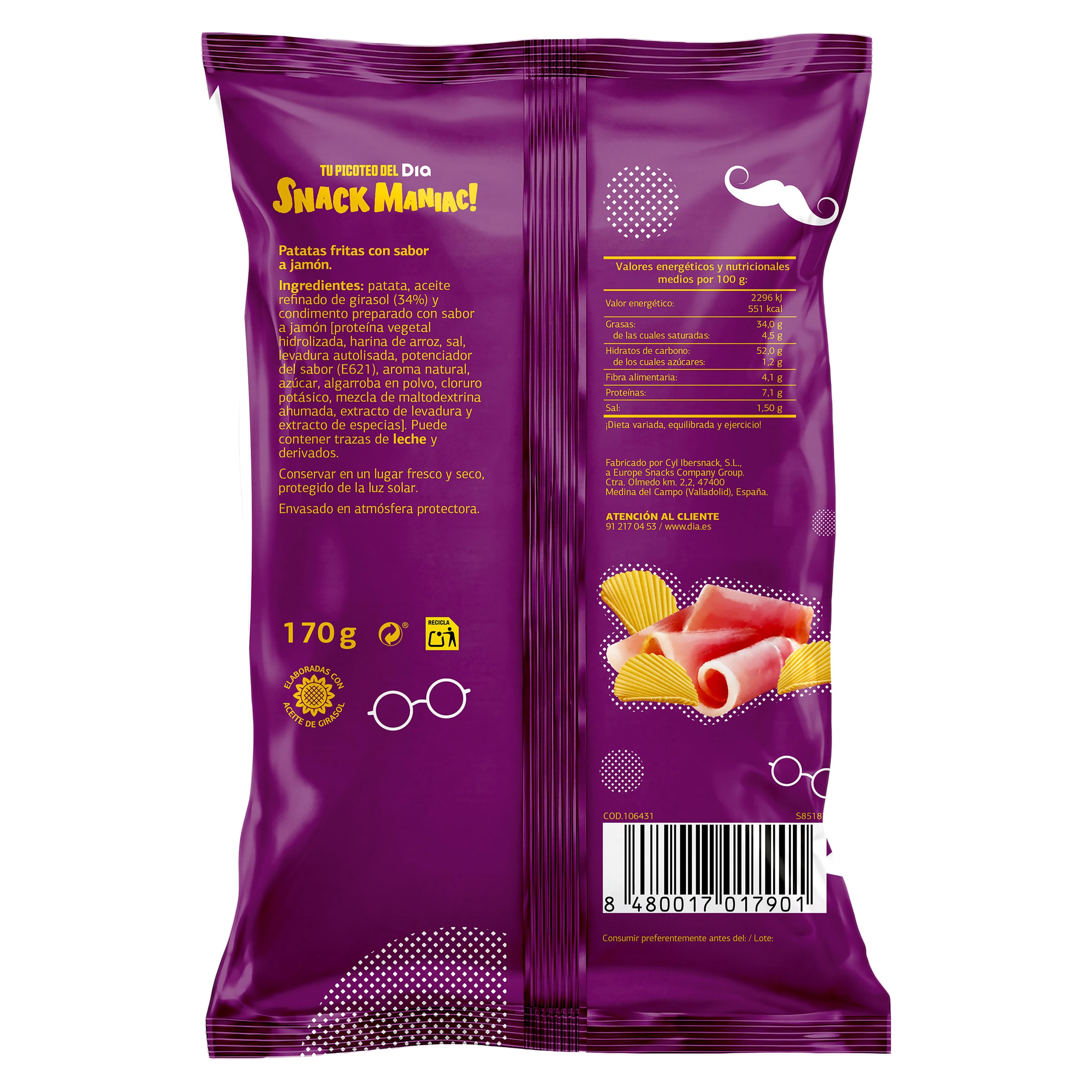 Patatas fritas onduladas sabor jamón Dia Snack Maniac 170 g