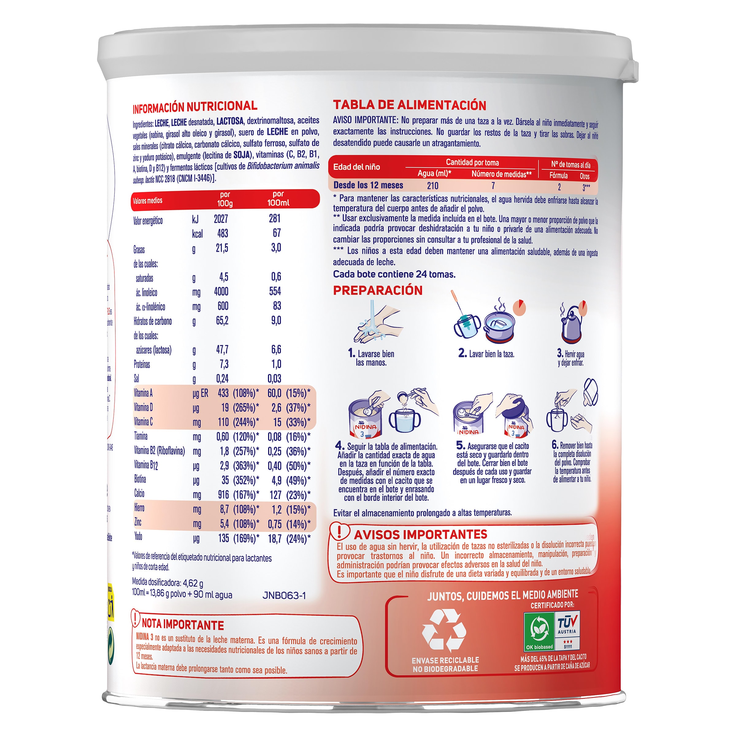 Leche infantil en polvo crecimiento +12 meses Nidina 800 g