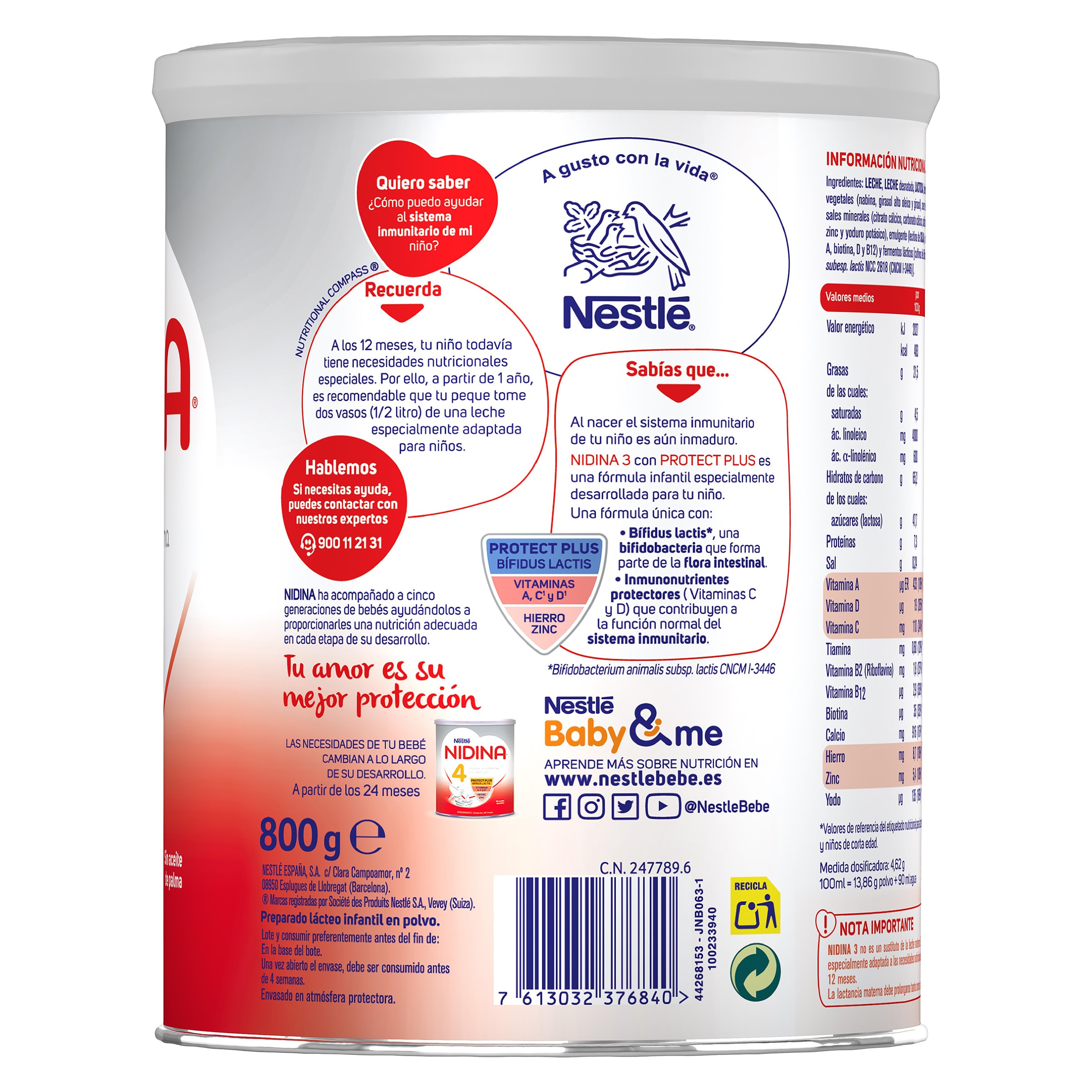 Leche infantil en polvo crecimiento +12 meses Nidina 800 g