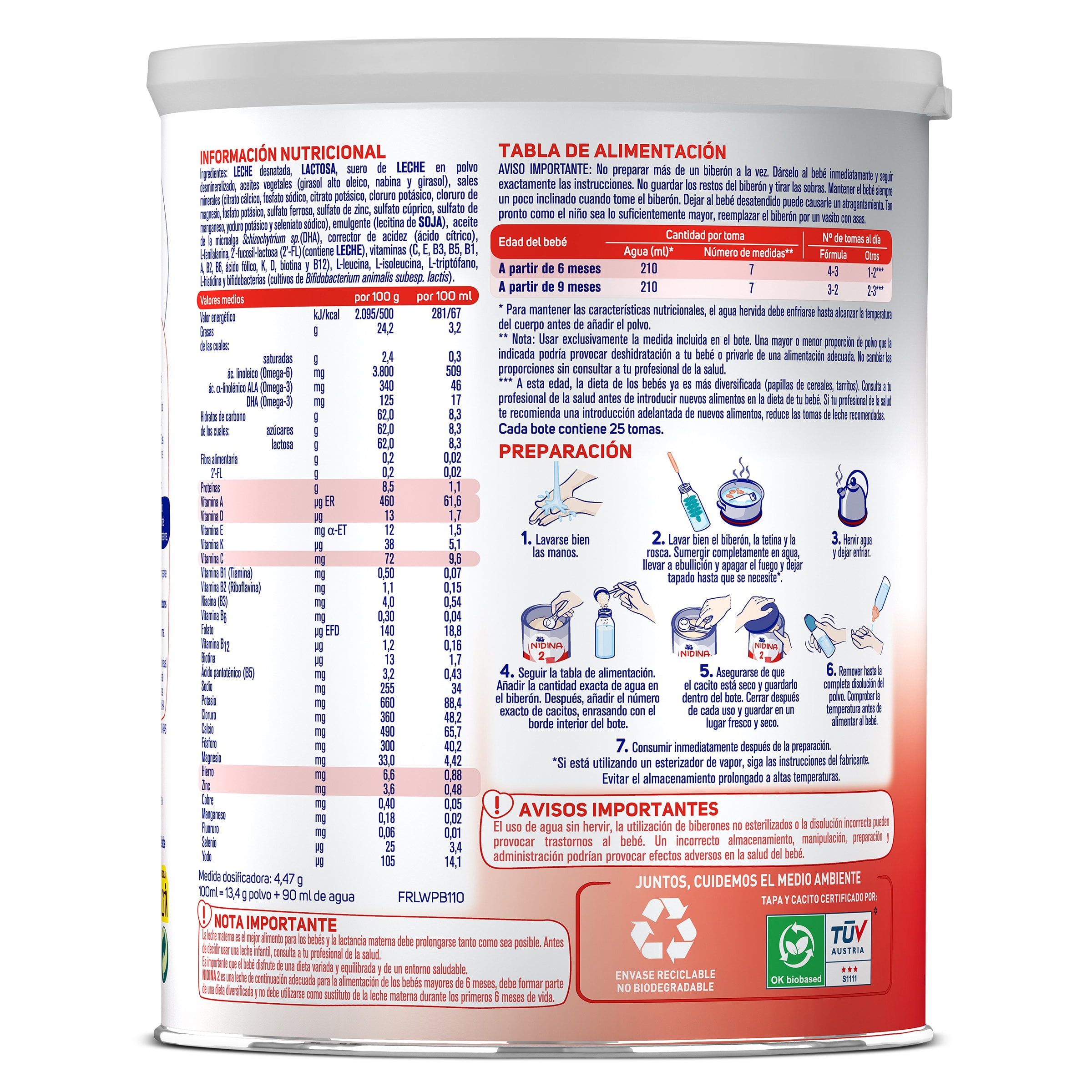 Leche infantil polvo de continuacion +6 meses Nidina 800 g