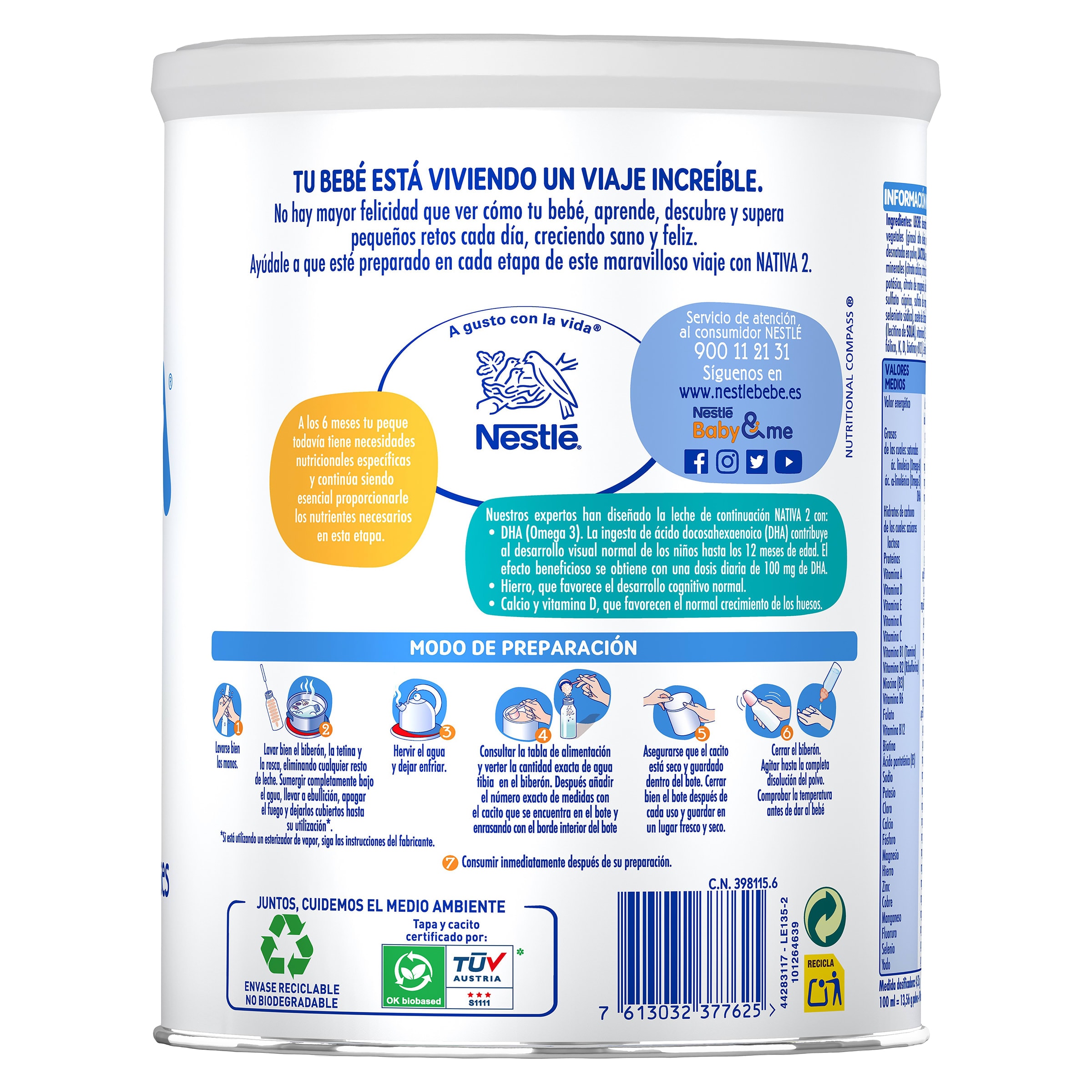 Leche infantil en polvo de continuacion de 6 a 12 meses Nativa 800 g