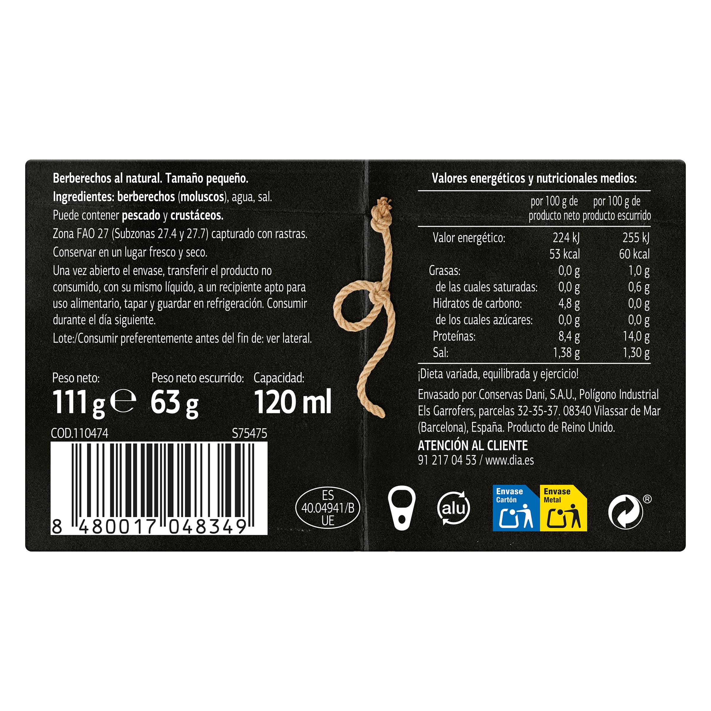 Berberechos al natural 60/100 piezas Dia Mari Marinera 63 g