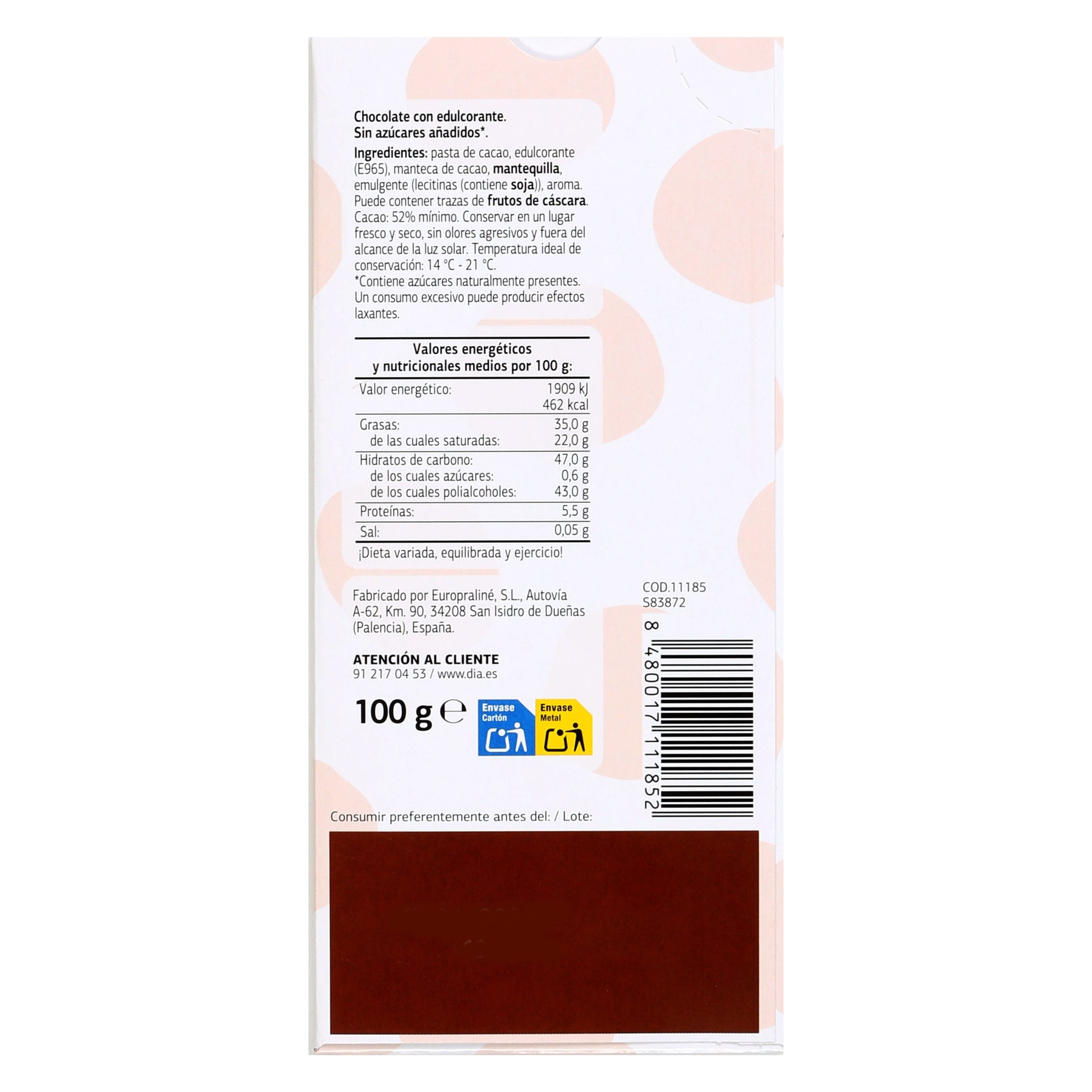 Chocolate negro sin azúcares añadidos Dia Temptation 100 g