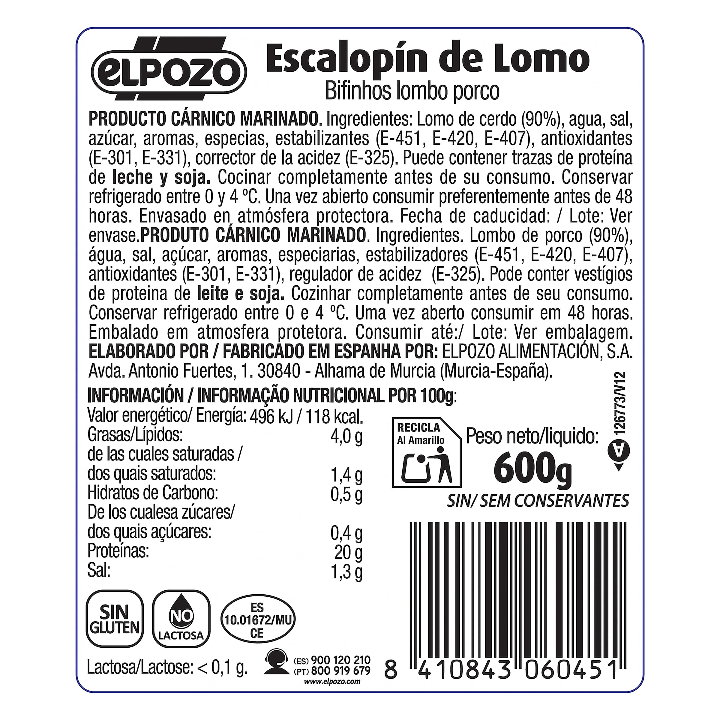 Escalopín de lomo marinado Elpozo Extratiernos 600 g aprox.