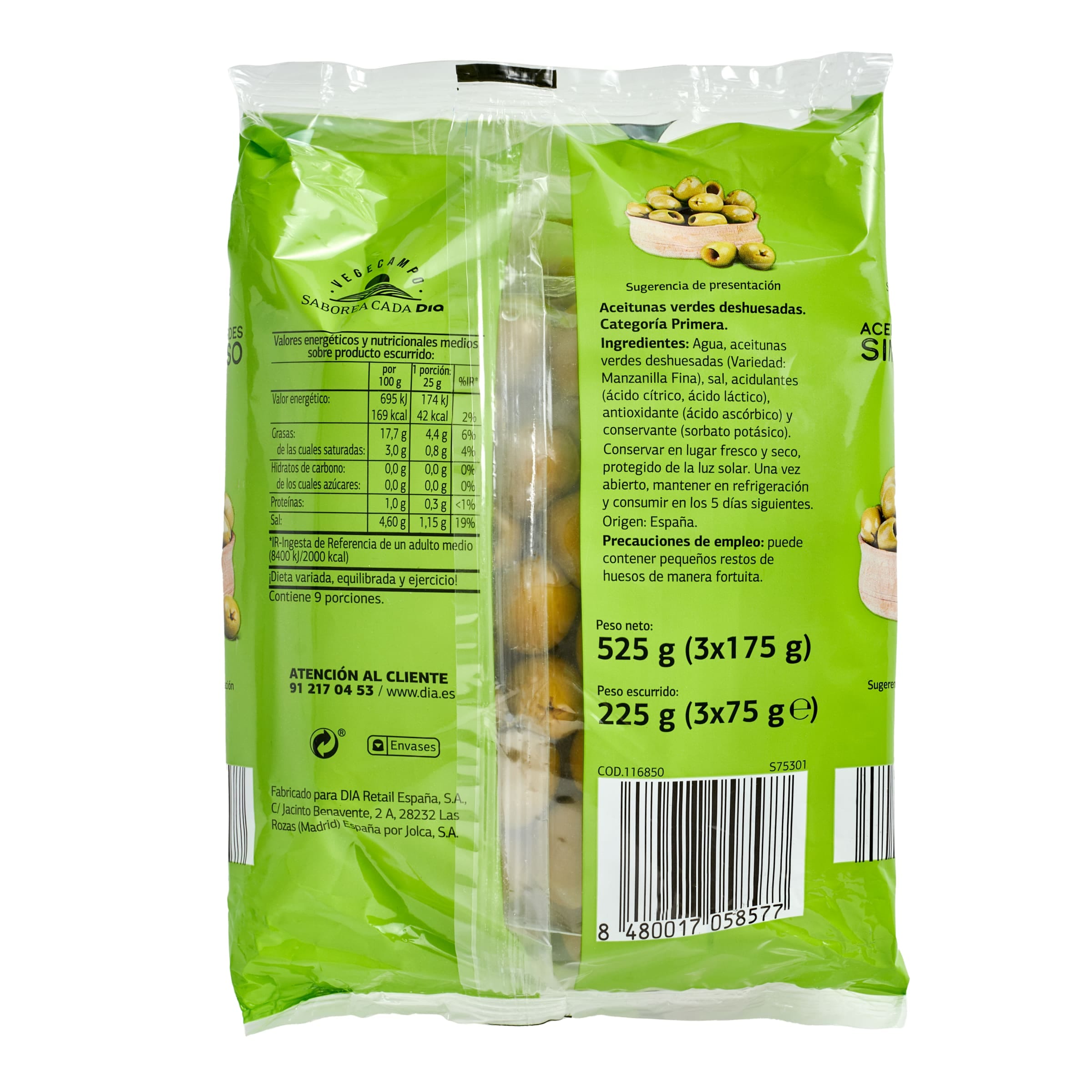 Aceitunas verdes sin hueso Dia Vegecampo 3 x 75 g
