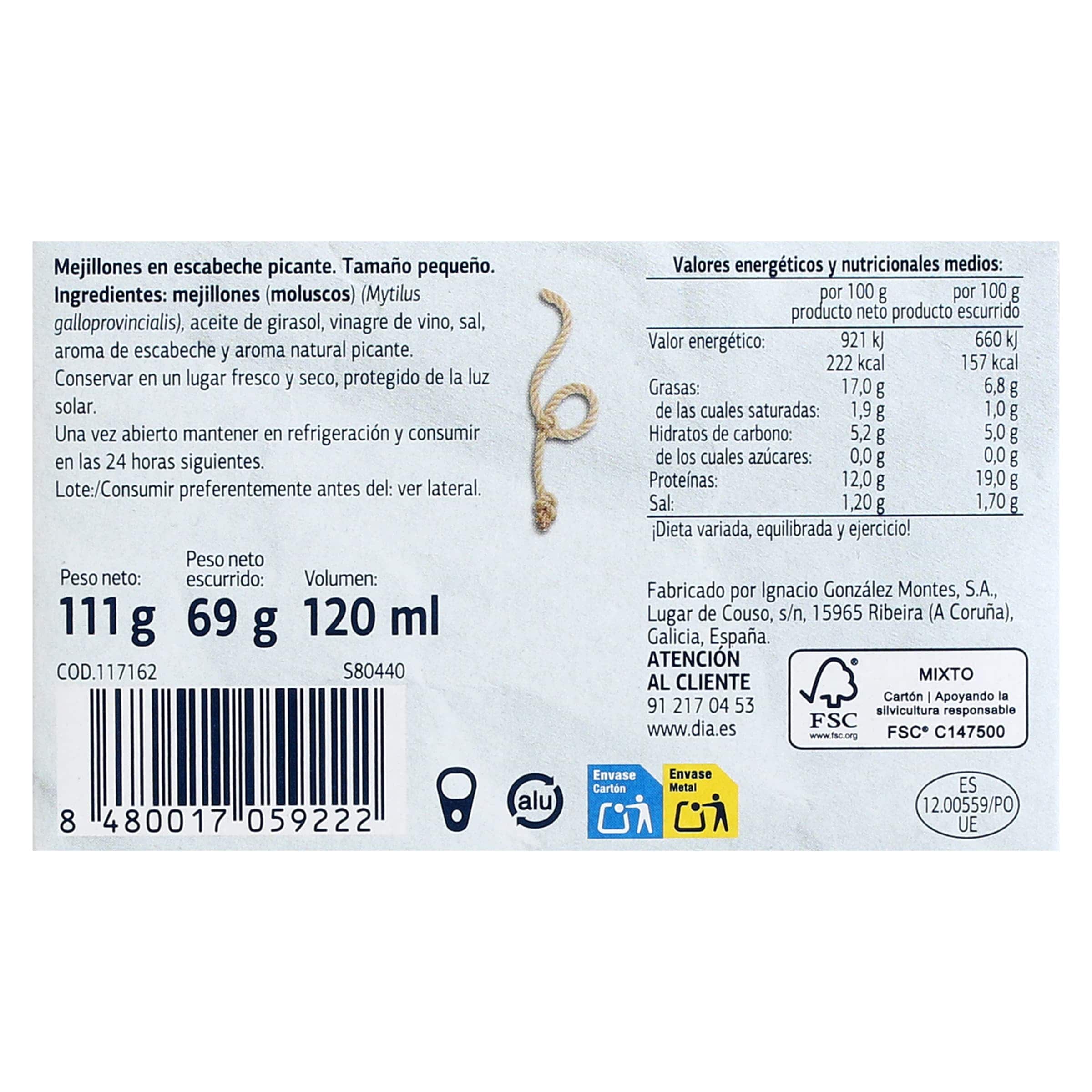 Mejillones en escabeche picantes 14/18 piezas Dia Mari Marinera 69 g