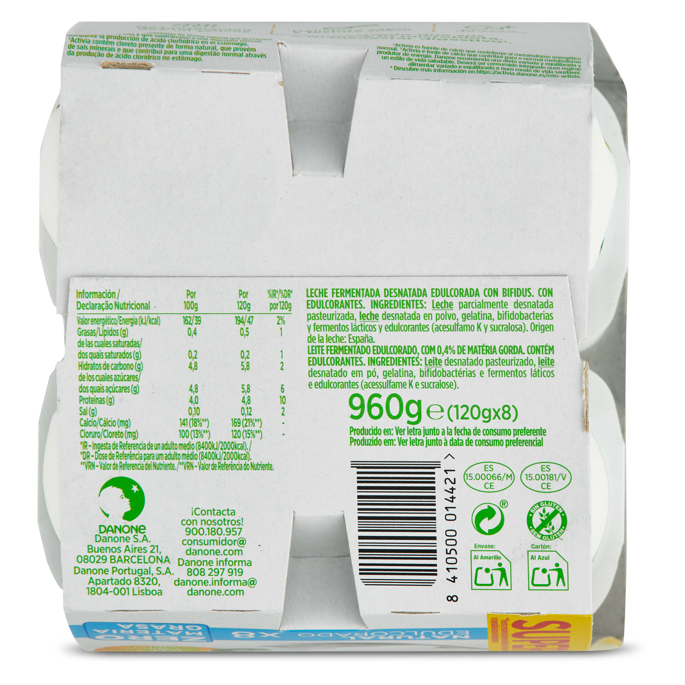 Bífidus natural desnatado edulcorado Activia 8 x 120 g