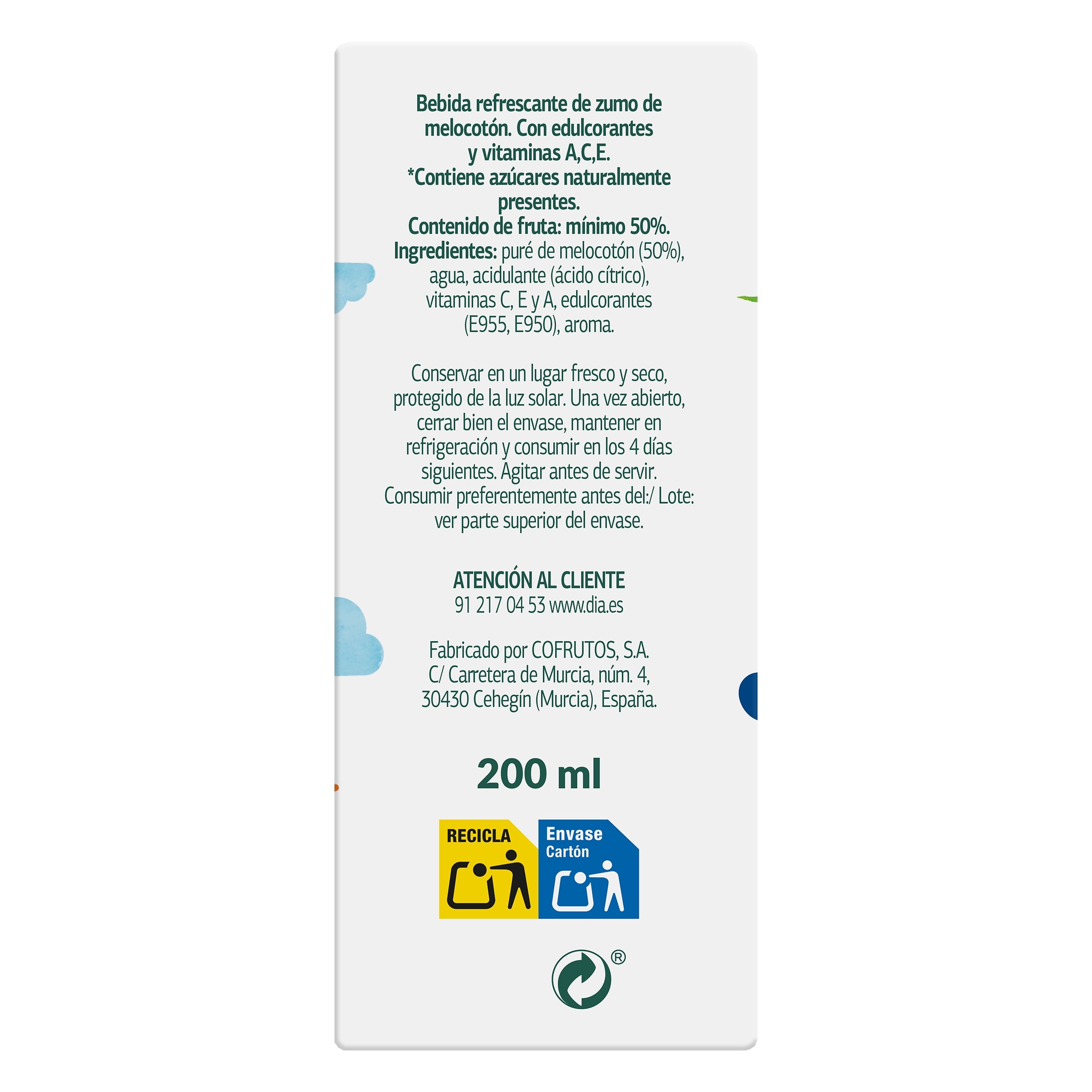 Bebida de zumo de melocotón sin azúcares añadidos Dia Saborfera pack 6 x 200 ml