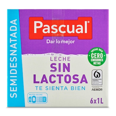Leche semidesnatada sin lactosa PASCUAL  pack 6 unidades BRIK 1 LT-1