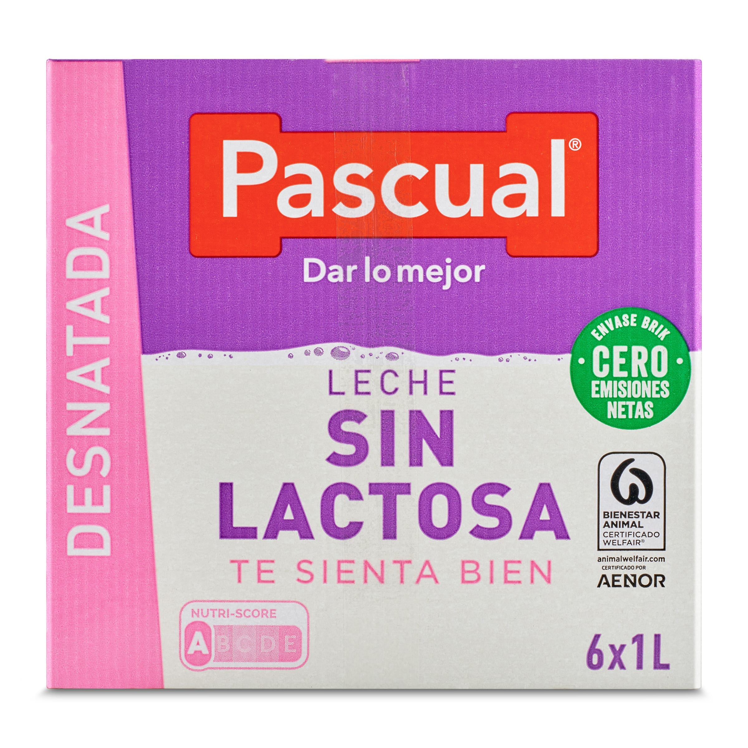 Leche desnatada sin lactosa Pascual pack 6 x 1 L