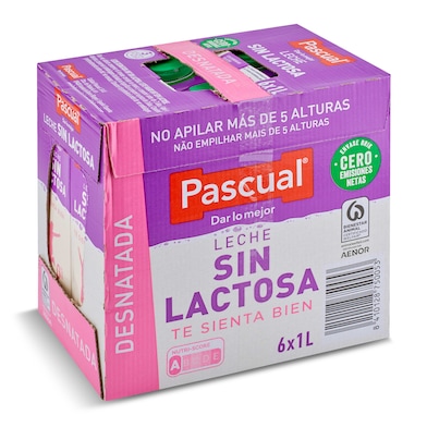 Leche desnatada sin lactosa Pascual brik 6 x 1 l-0