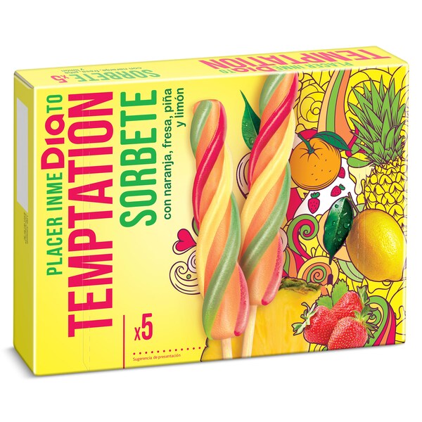 Helado Sorbete De Naranja, Piña, Fresa Y Limón 5 Uds. Temptation De Dia Caja 400 Gr.