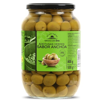 Aceitunas verdes con hueso sabor anchoa Vegecampo de Dia frasco 500 g-0