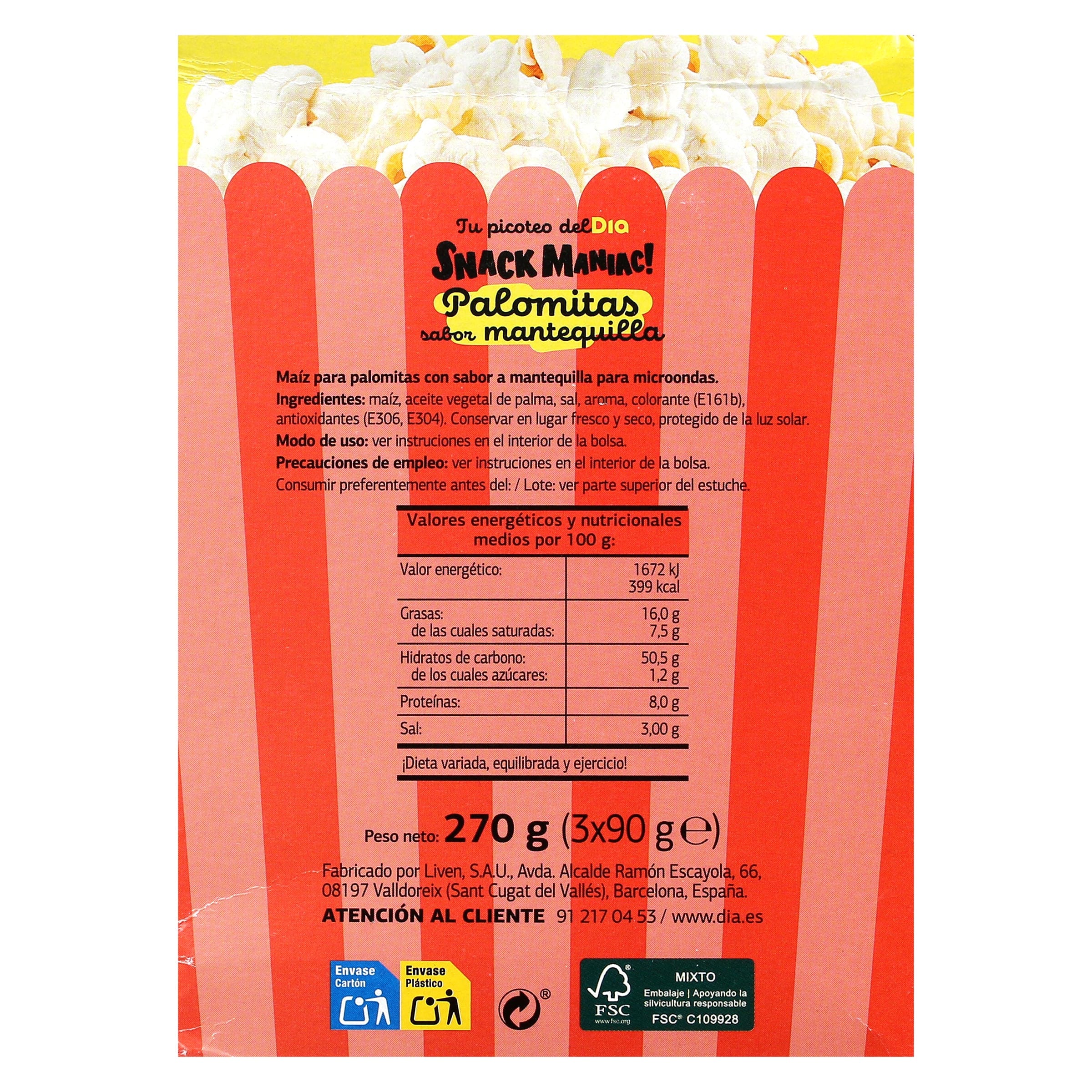Palomitas sabor mantequilla para microondas Dia Snack Maniac 270 g