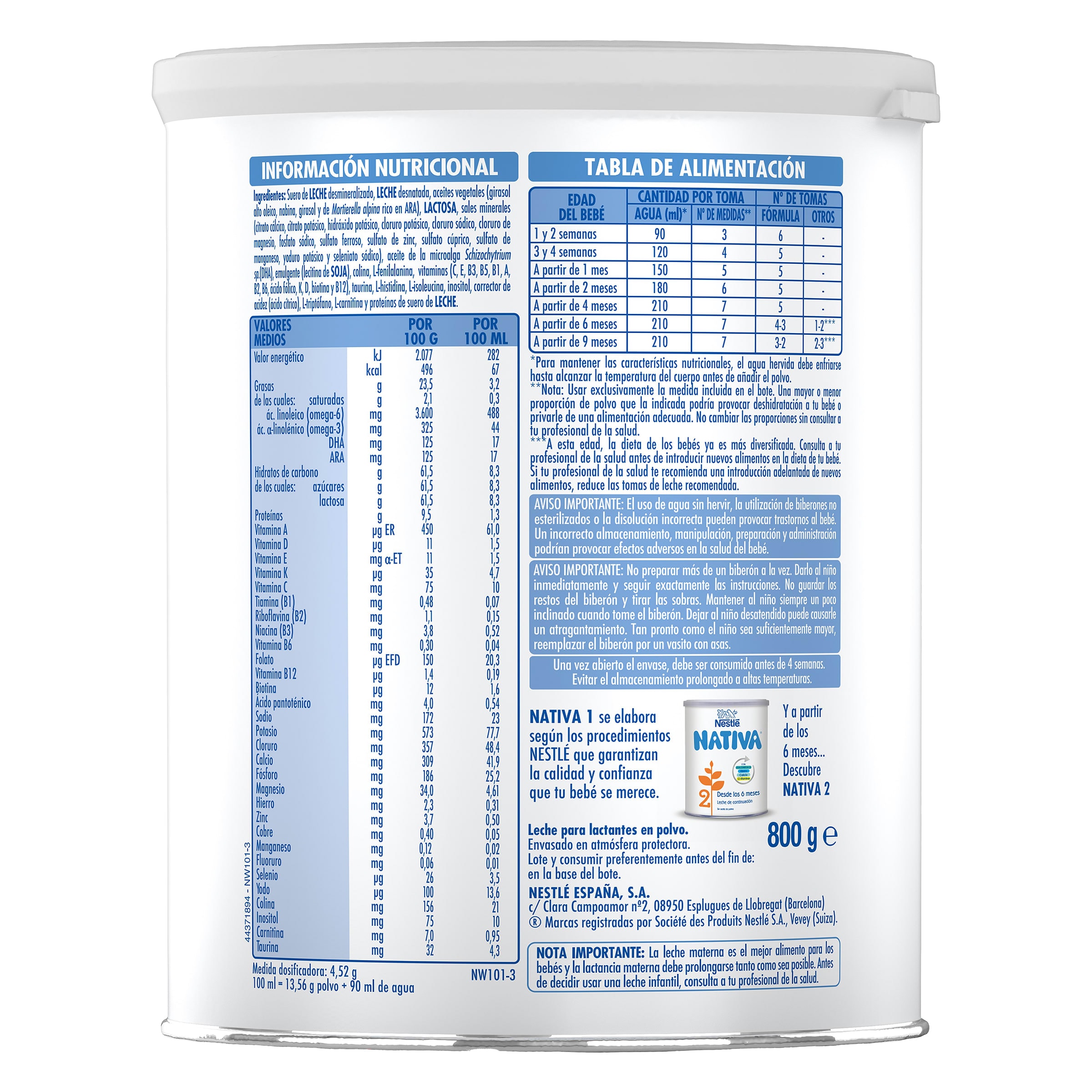 Leche infantil en polvo de inicio de 0 a 6 meses Nativa 800 g