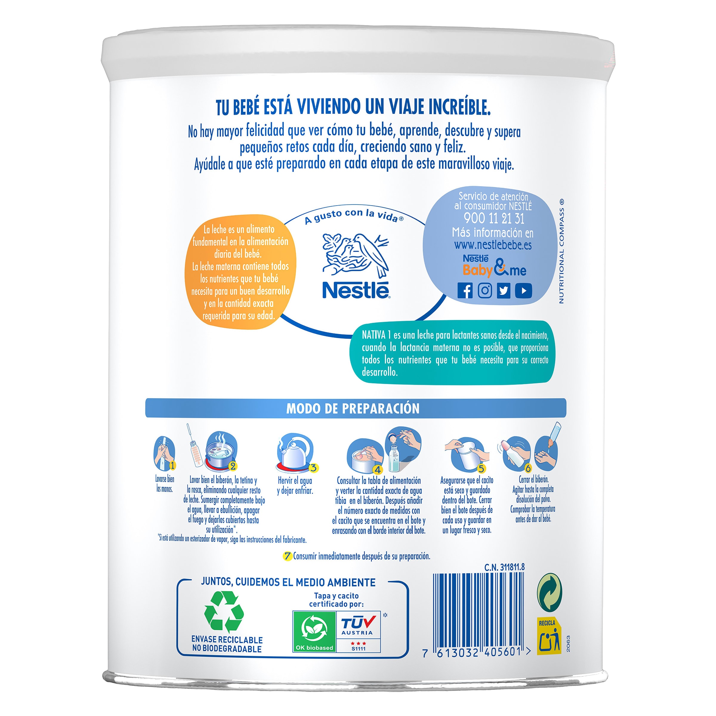 Leche infantil en polvo de inicio de 0 a 6 meses Nativa 800 g
