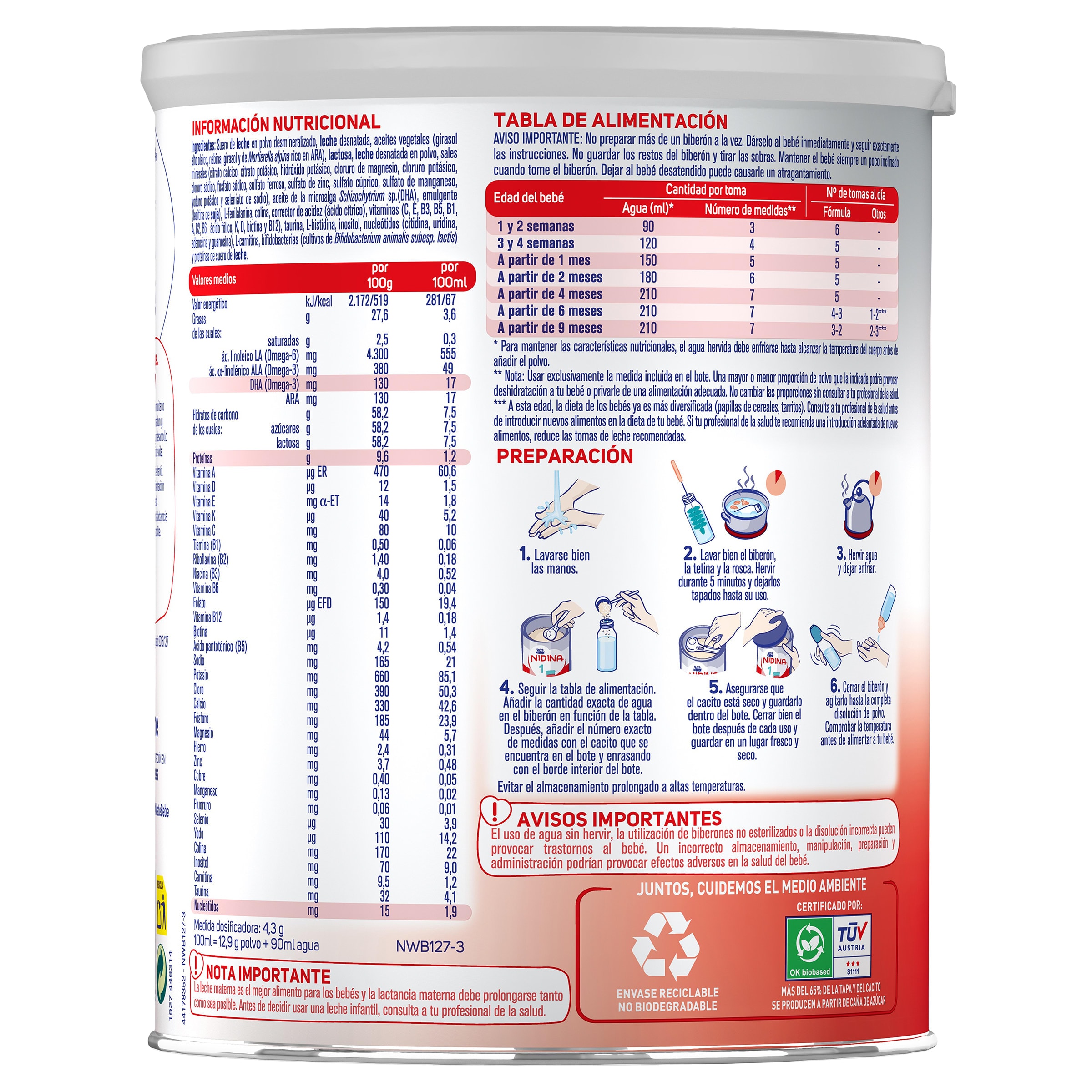 Leche infantil en polvo de inicio Nidina 800 g