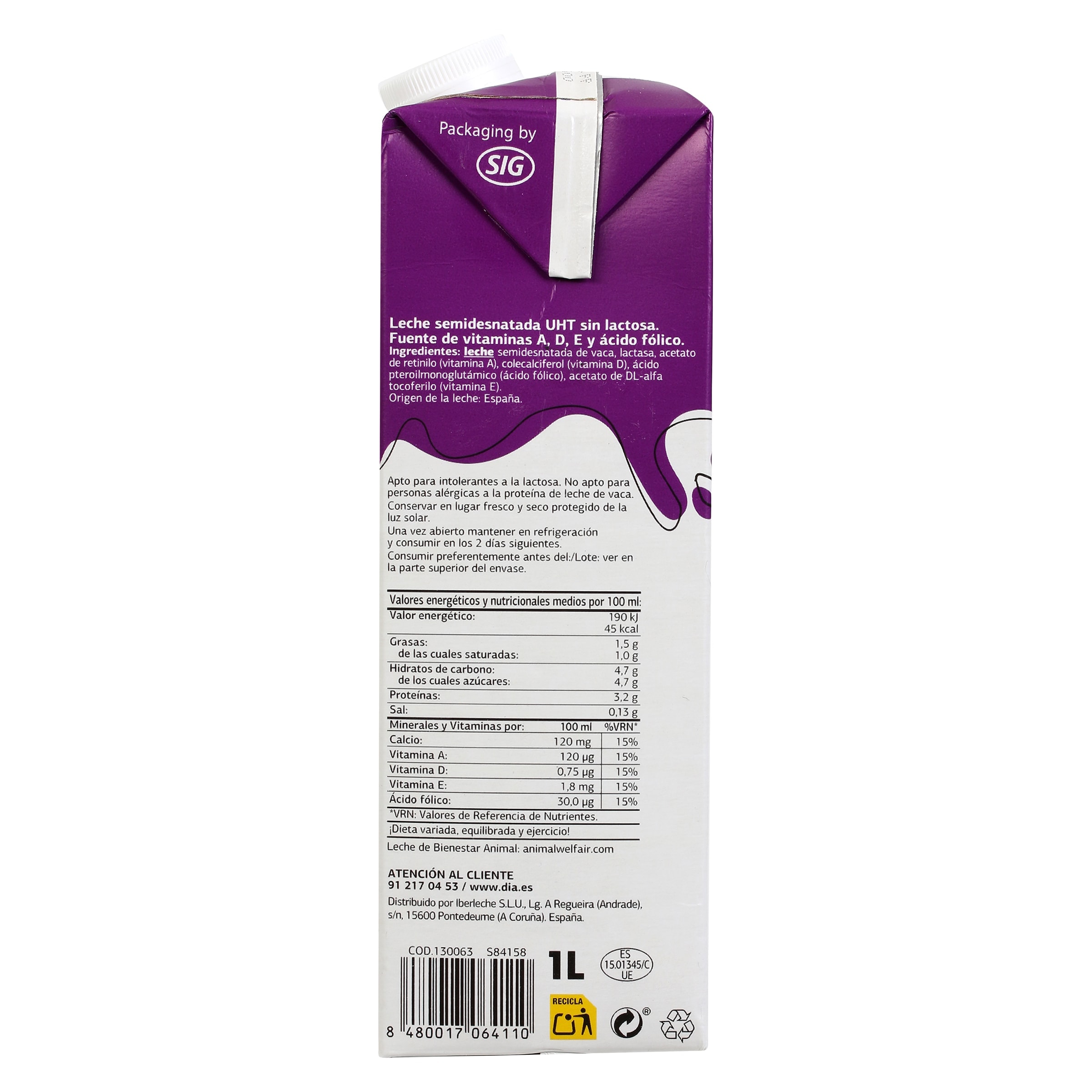 Leche semidesnatada sin lactosa Dia Láctea 1 L