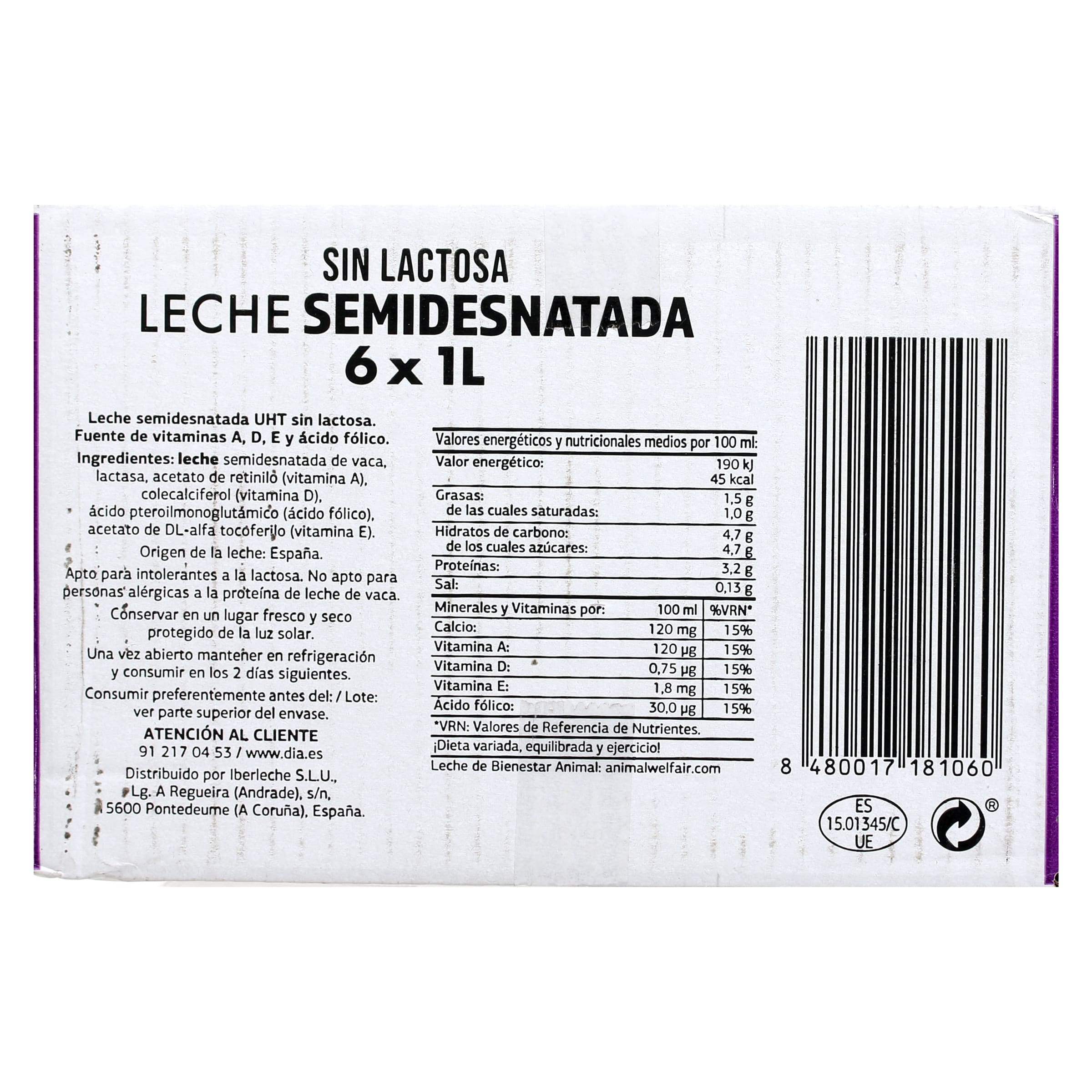 Leche semidesnatada sin lactosa Dia Láctea pack 6 x 1 L