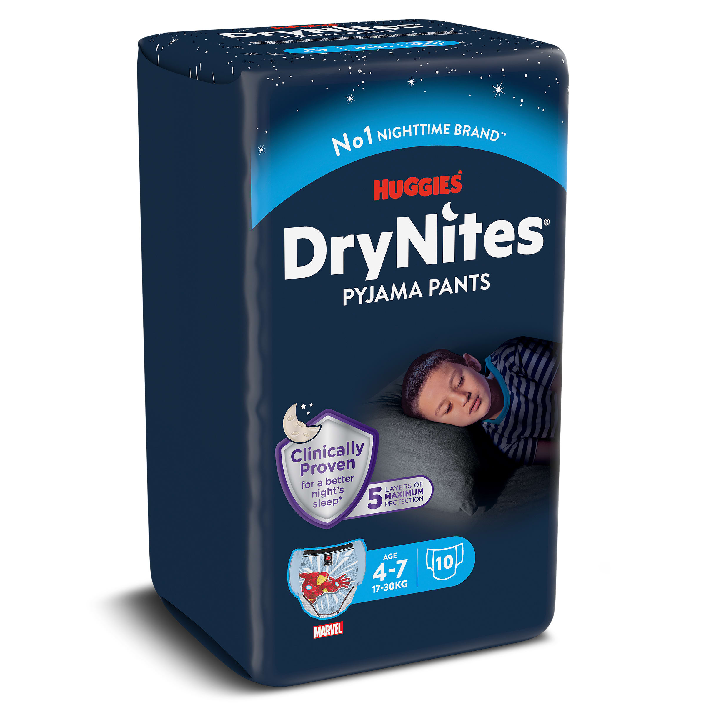 Ropa interior absorbente niño noche DryNites 4-7 años (17kg-30 kg.) 16 ud.