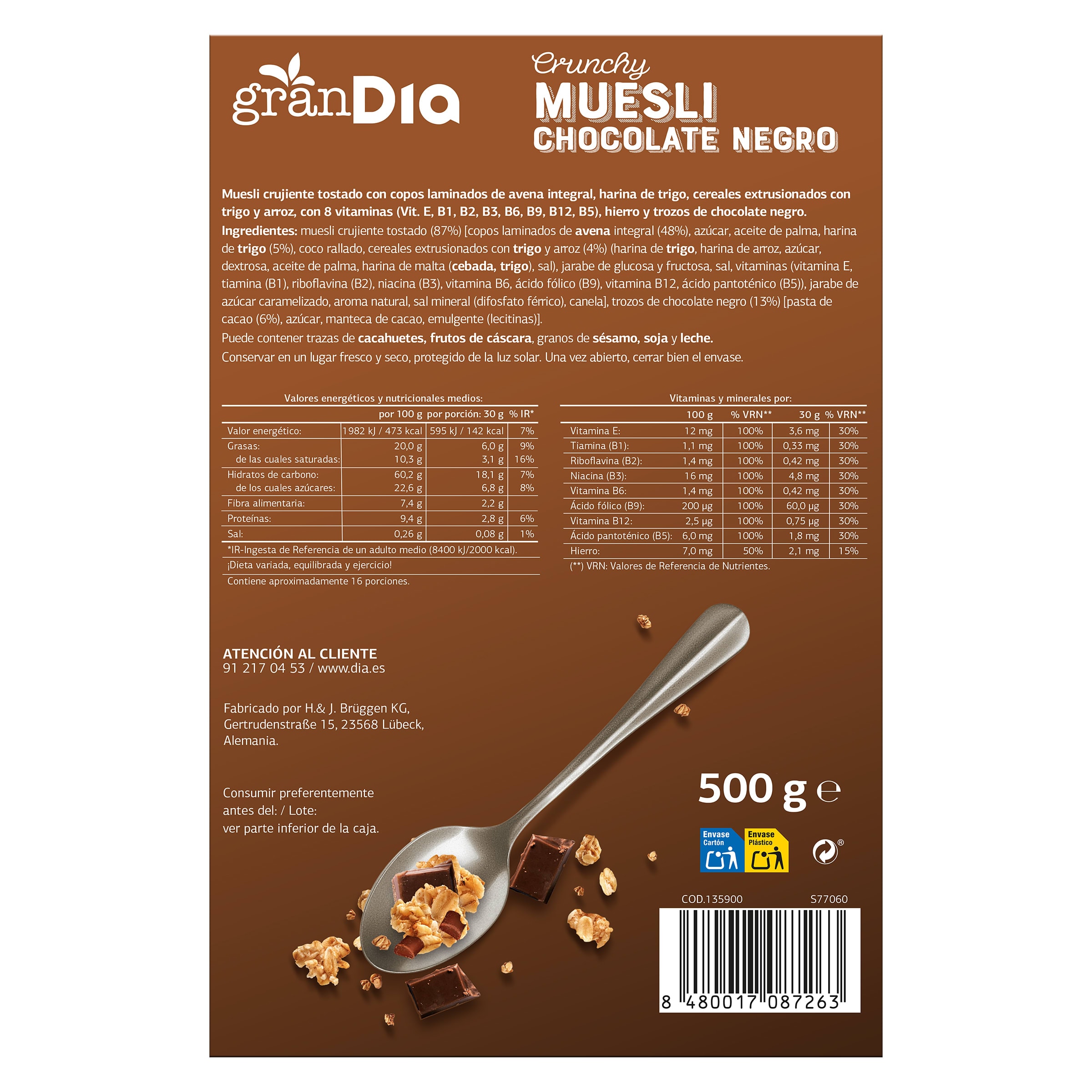 Muesli crujiente con chocolate Gran Dia 500 g