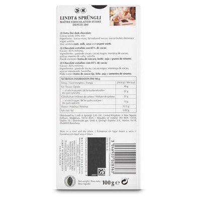 Chocolate negro 85% cacao Lindt Excellence 100 g-1 Chocolate negro 85% cacao Lindt Excellence 100 g-1