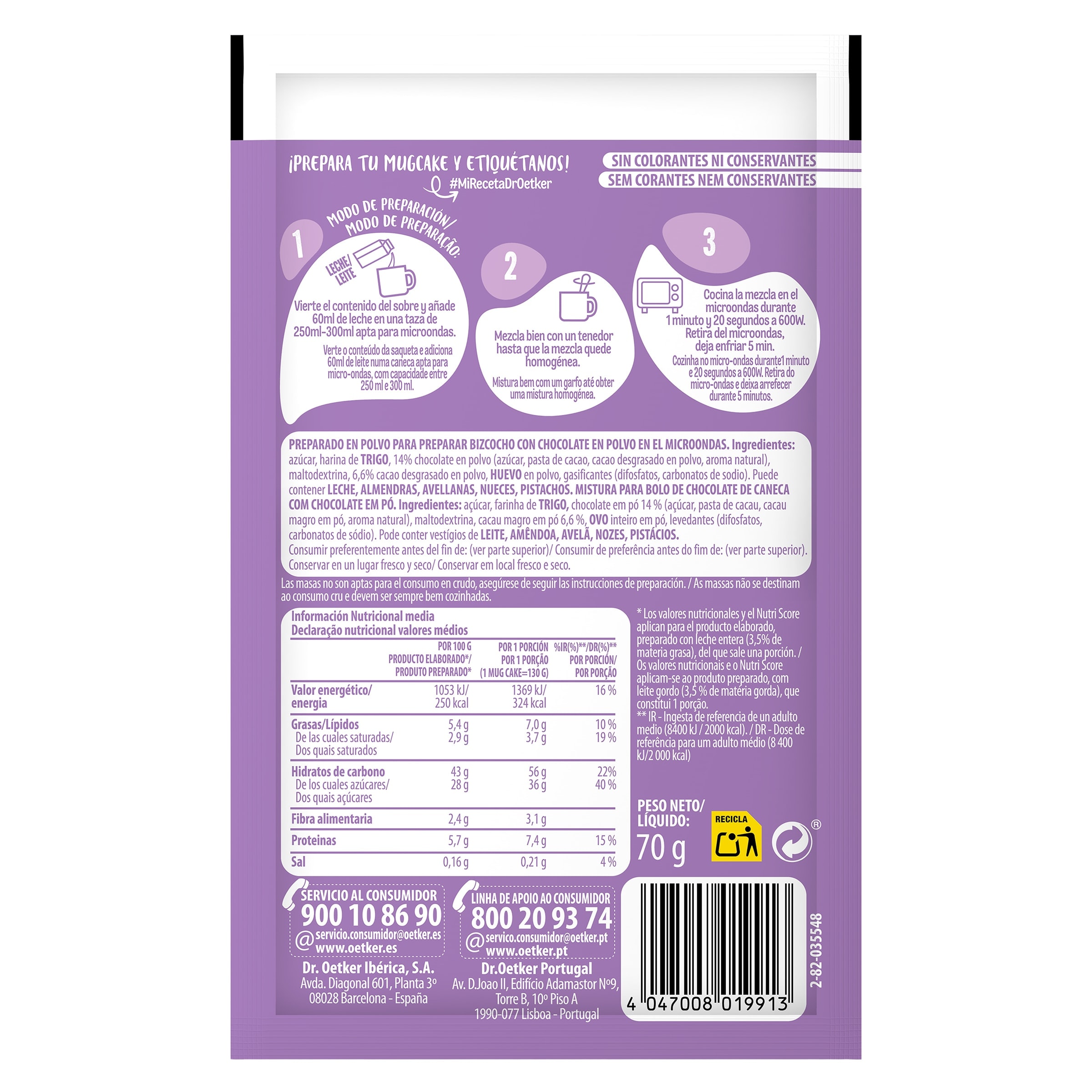 Preparado de bizcocho de chocolate instantáneo Dr. Oetker 70 g