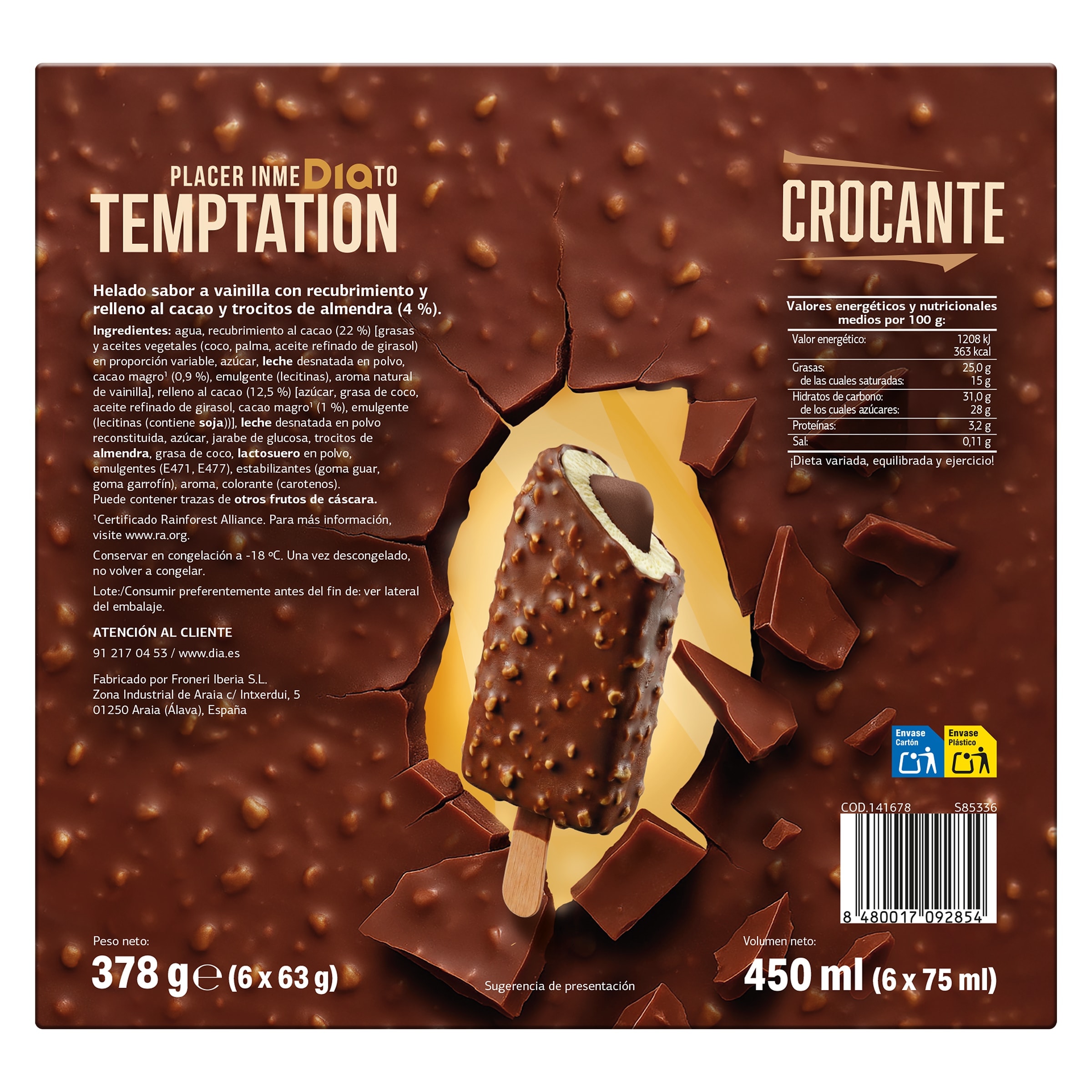 Helado bombón crocante Dia Temptation 6 x 63 g