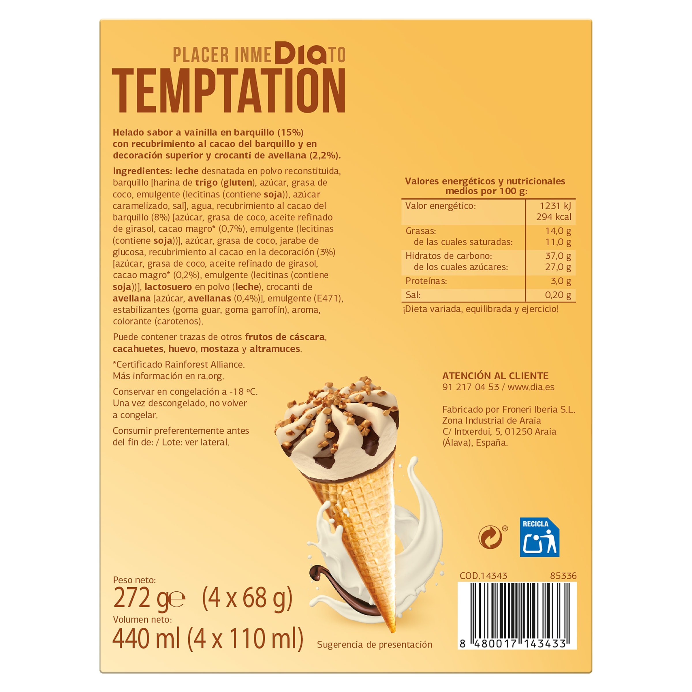 Conos de vainilla Dia Temptation 4 x 68 g