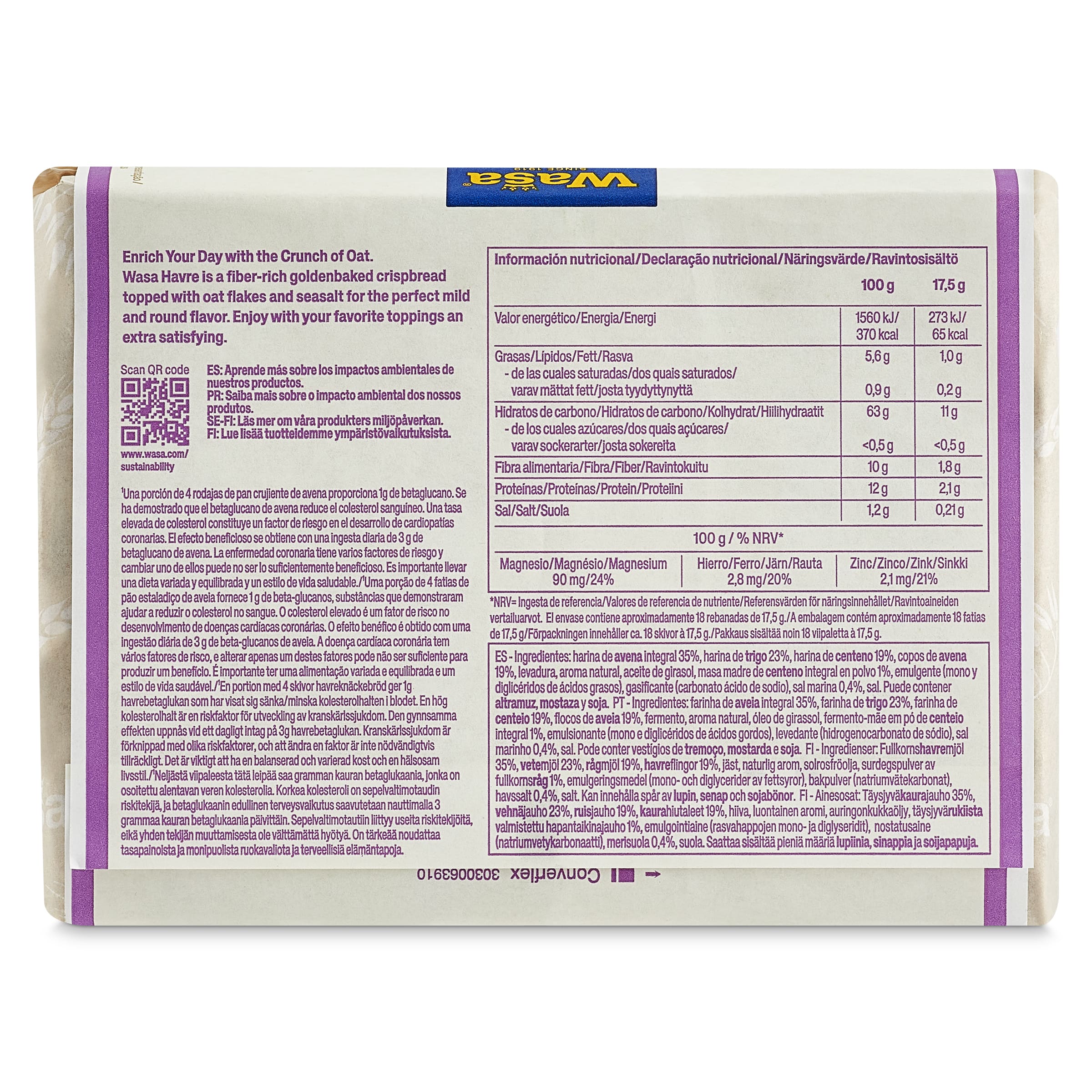 Pan de avena vitalité Wasa 280 g