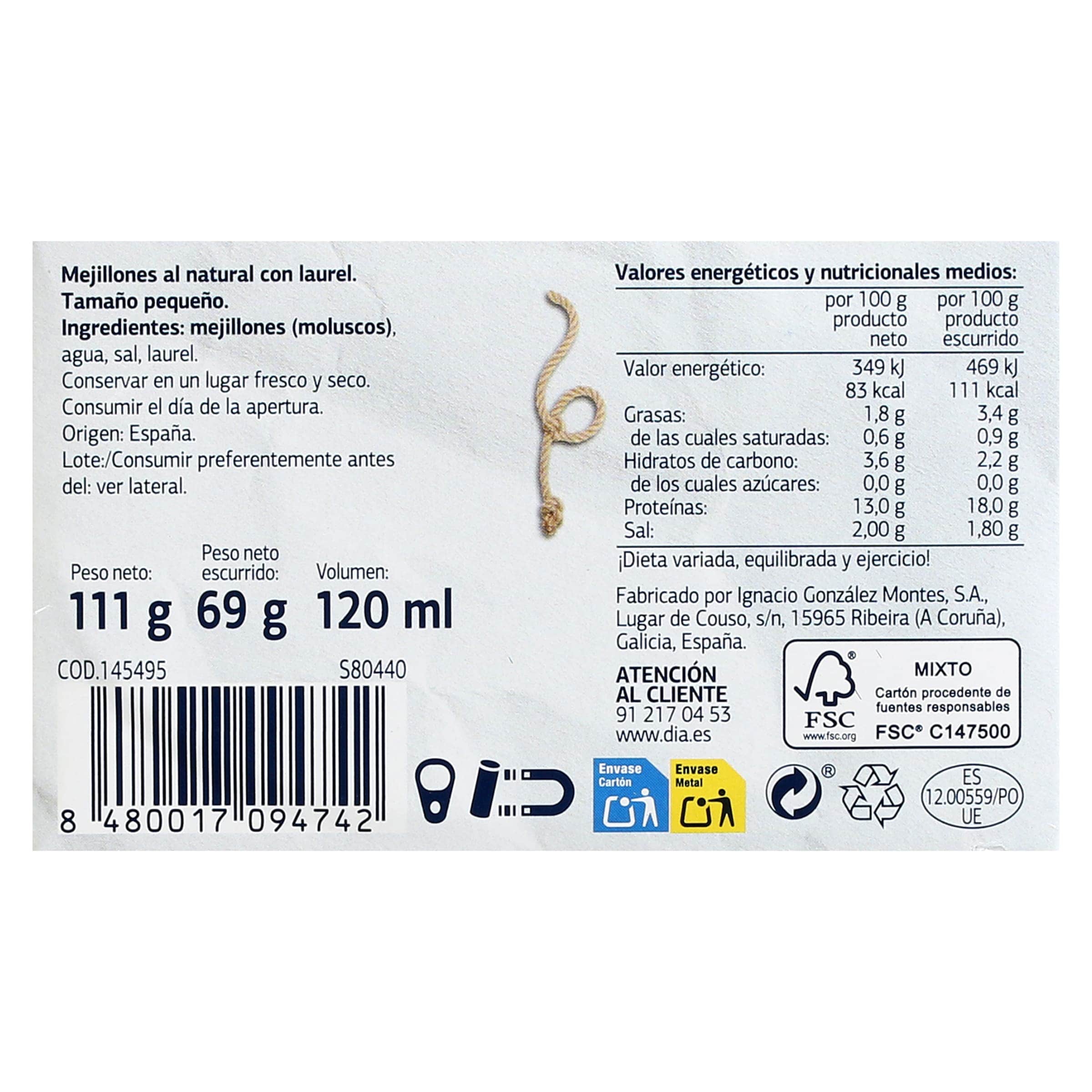 Mejillones al natural 13/18 piezas Dia Mari Marinera 69 g