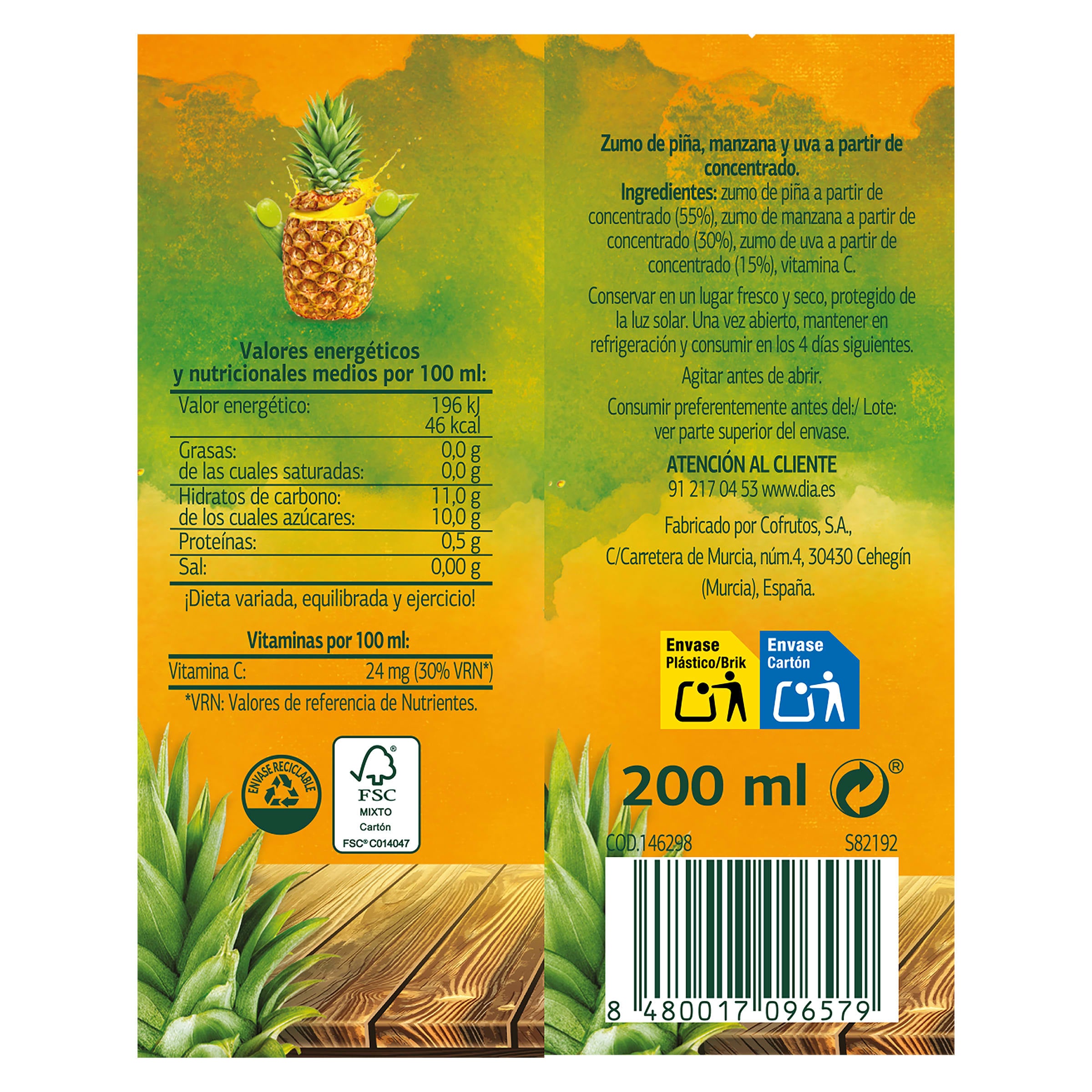 Zumo de piña, manzana y uva pack 6 x 200 ml